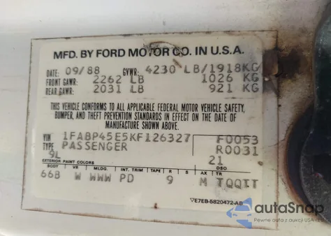 1989 Ford Mustang Gt/Cobra Gt z USA, uszkodzony, nr VIN 1FABP45E5KF126327